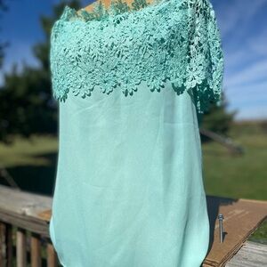 Seafoam floral lace off-the-shoulder chiffon blouse 2XL